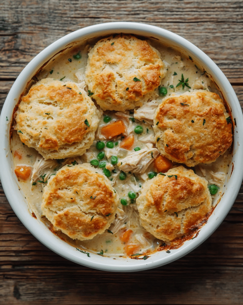 Overhead view of creamy chicken and biscuit casserole fresh from the oven