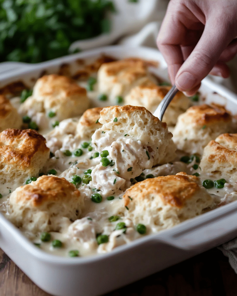 Overhead view of creamy chicken and biscuit casserole fresh from the oven