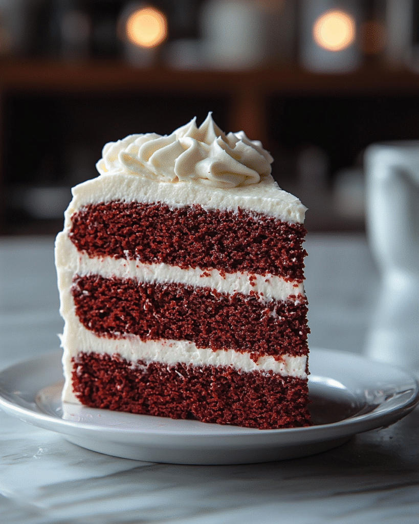 Overhead view of red velvet cake with cream cheese frosting on a white plate