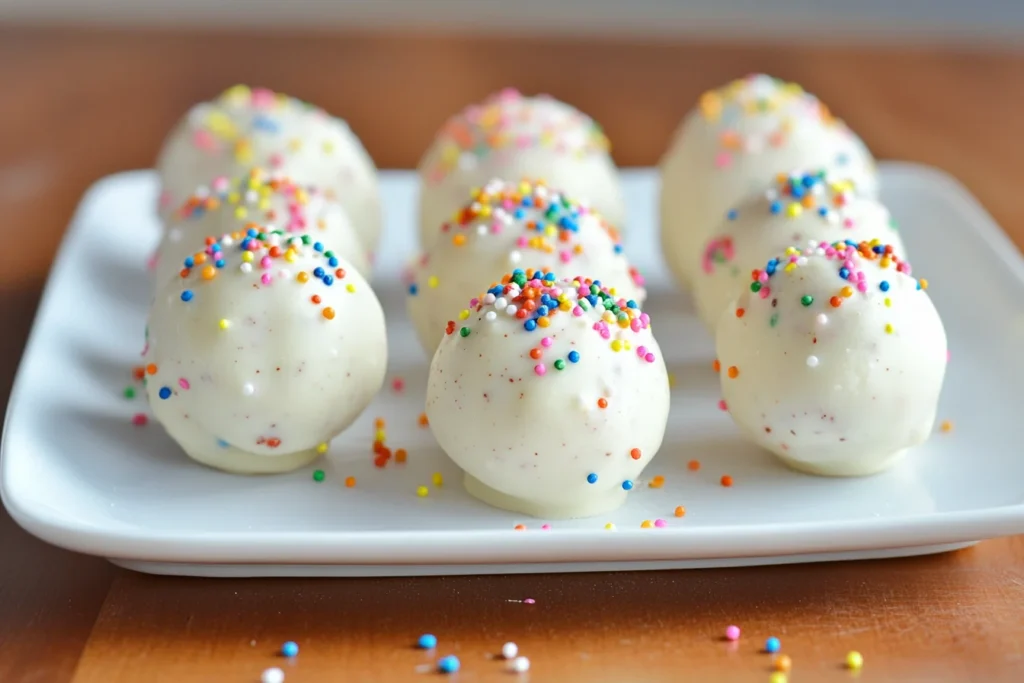 A plate of delicious homemade birthday cake truffles, drizzled with chocolate