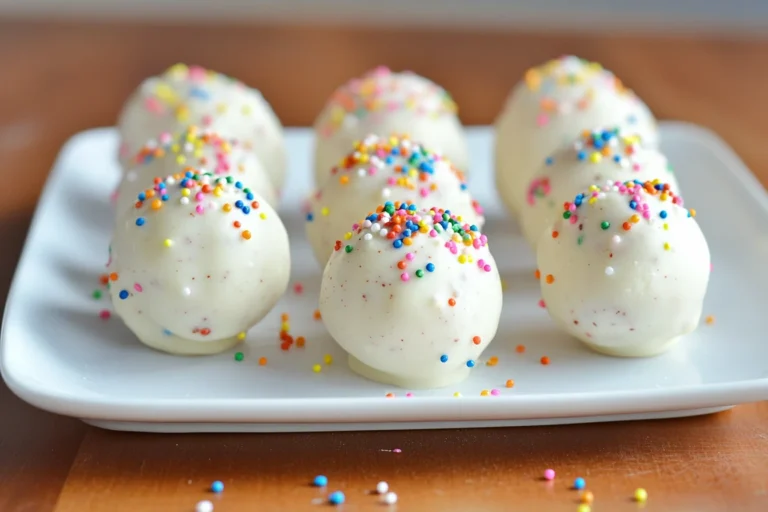 A plate of delicious homemade birthday cake truffles, drizzled with chocolate