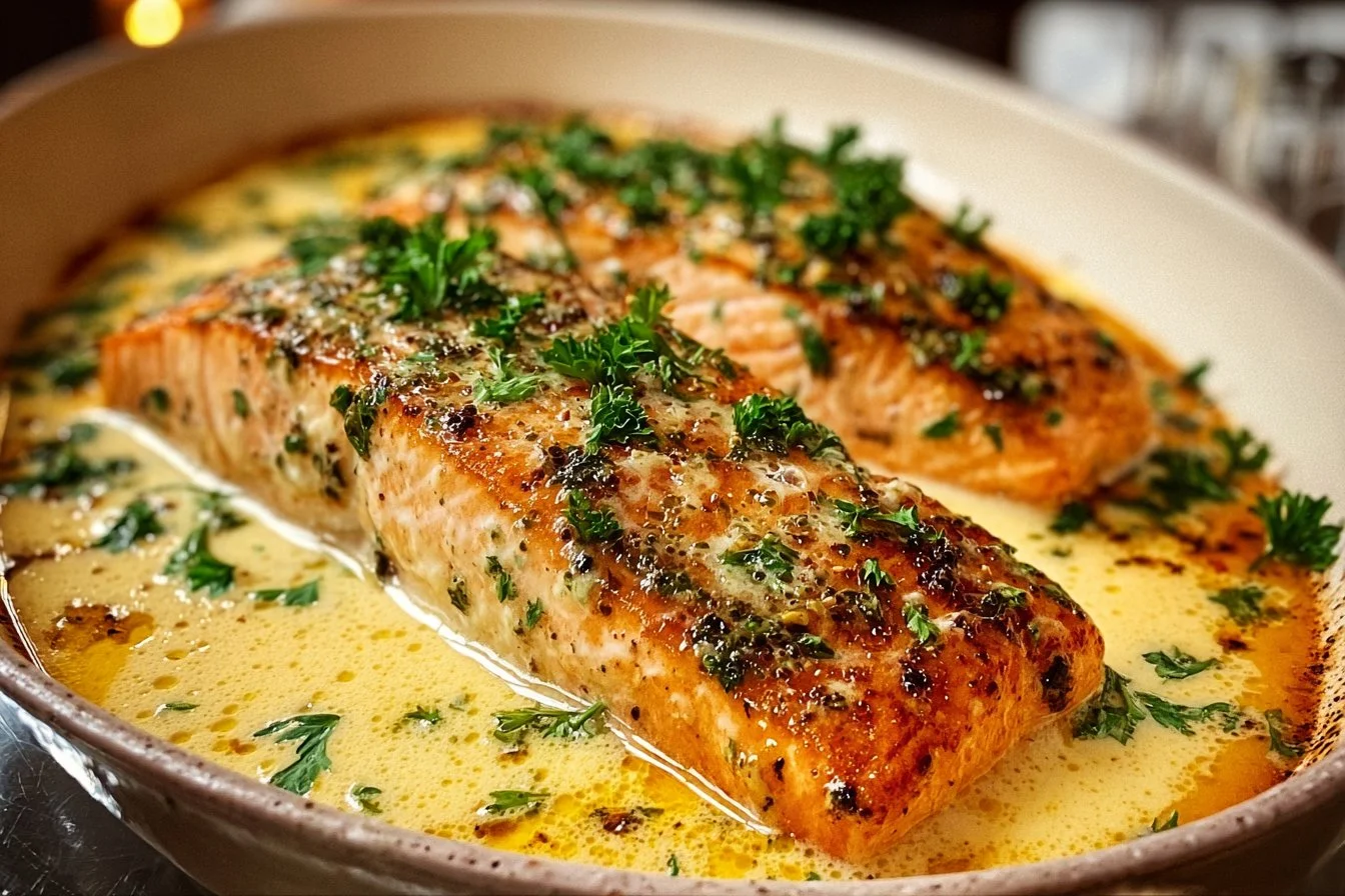 Baked Boursin Salmon topped with creamy cheese and herbs on a plate