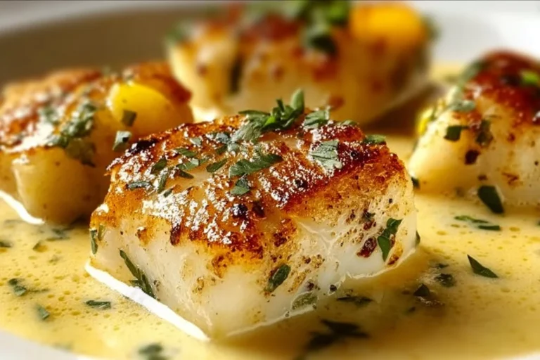 Baked cod in coconut lemon cream sauce served with vegetables