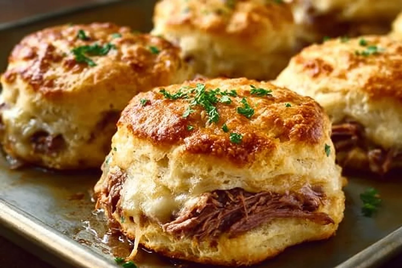 Delicious Baked French Dip Biscuits served with savory dipping sauce.