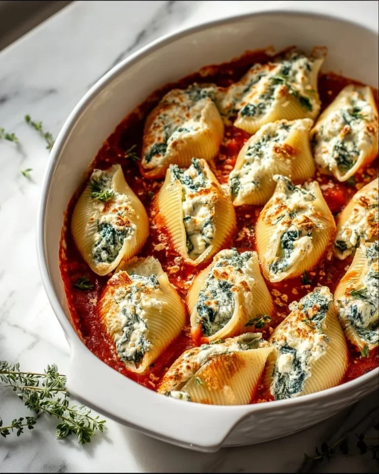Delicious Christmas Stuffed Shells topped with marinara sauce and cheese