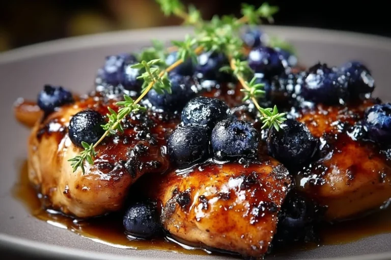 Plate of blueberry thyme chicken garnished with fresh herbs