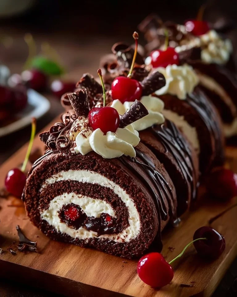 Delicious Black Forest Roll Cake topped with cherries and whipped cream