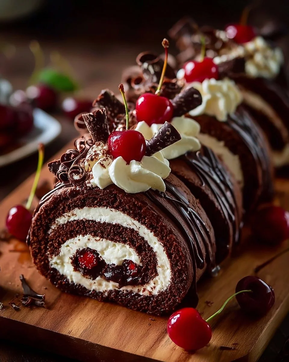 Delicious Black Forest Roll Cake topped with cherries and whipped cream