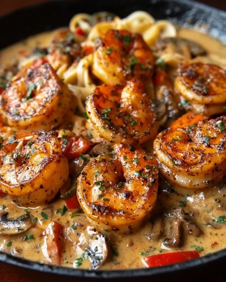 Delicious blackened shrimp stroganoff served in a creamy sauce over pasta