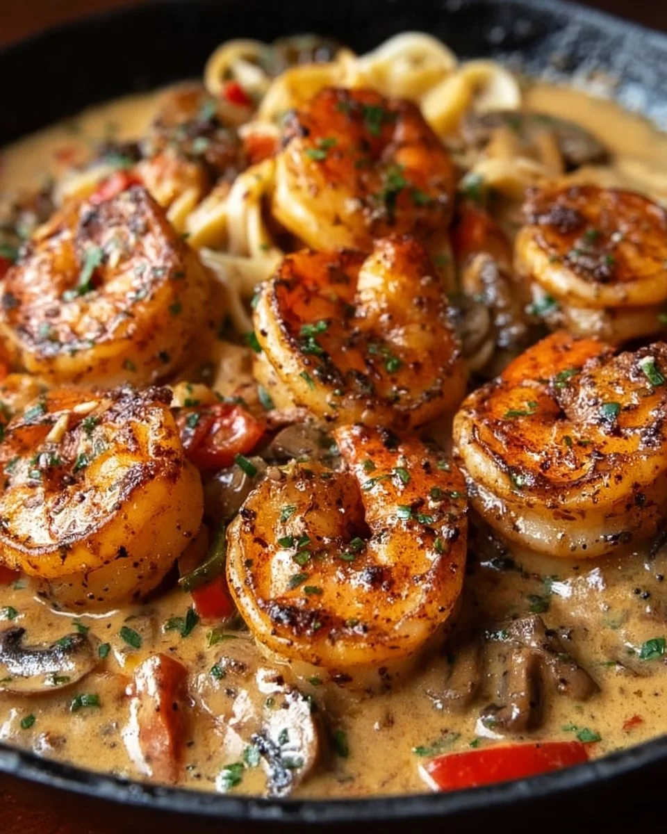 Delicious blackened shrimp stroganoff served in a creamy sauce over pasta