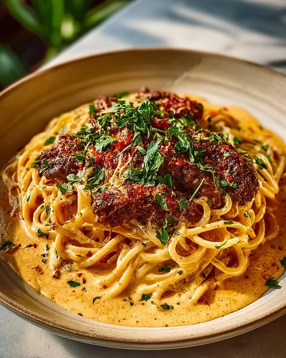Cajun Beef Spaghetti topped with creamy three-cheese Parmesan sauce