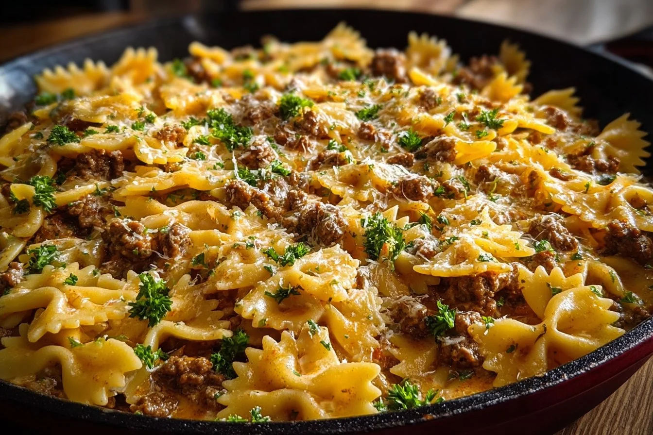 Cajun Cream Cheese Alfredo Bowties with Spiced Ground Beef on a plate