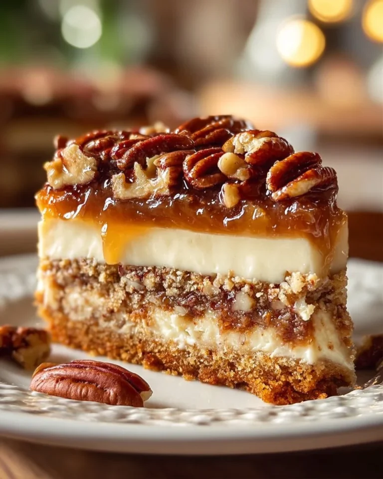 Delicious Caramel Butter Pecan Praline Poke Cake topped with pecans