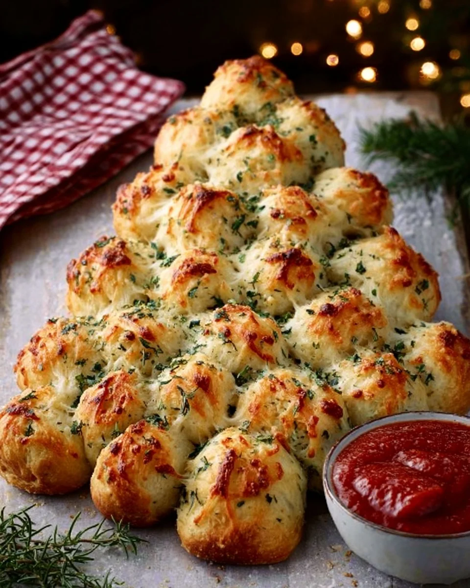 Cheesy Christmas Tree Bread decorated for the holidays
