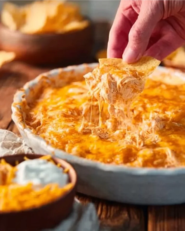 Delicious cheesy creamy buffalo chicken dip in a serving bowl