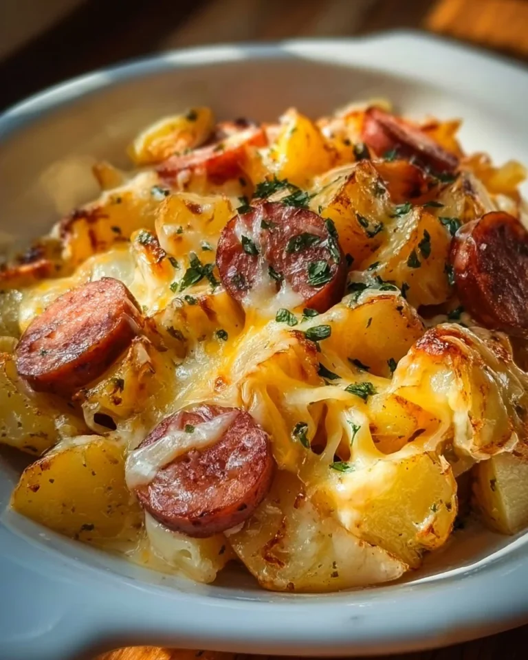 Delicious Cheesy Ranch Potatoes paired with Smoked Sausage on a plate