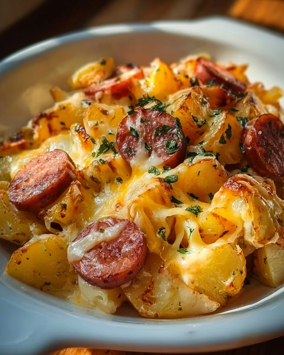 Delicious Cheesy Ranch Potatoes paired with Smoked Sausage on a plate