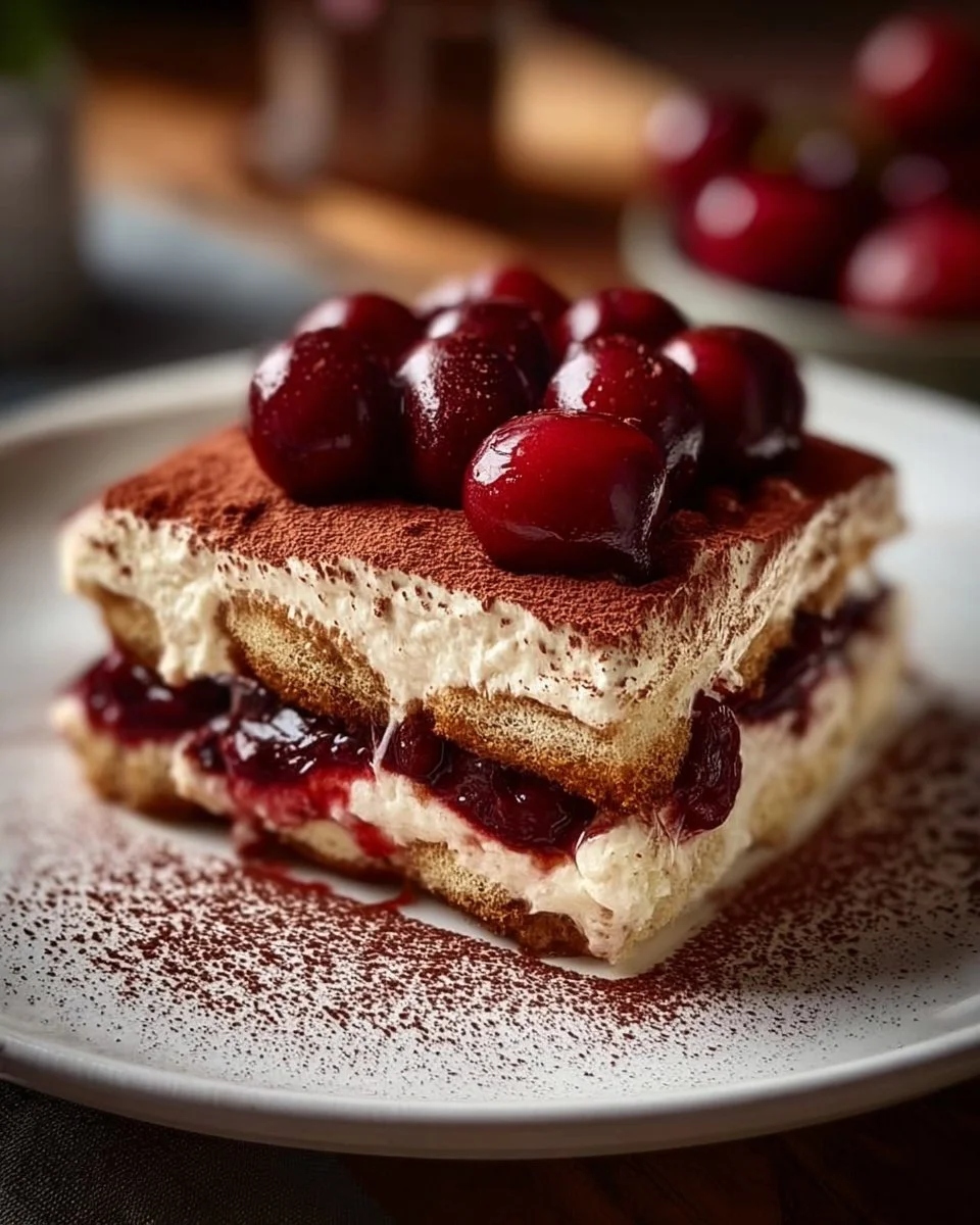 Delicious Cherry Amaretto Tiramisu dessert with luscious cherries and creamy layers.
