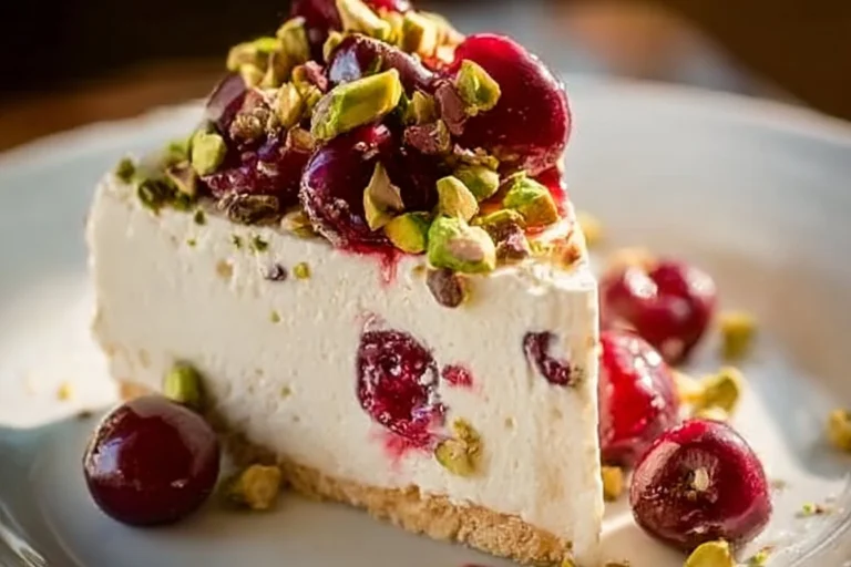 Delicious Cherry Pistachio Cheesecake topped with cherries and pistachios