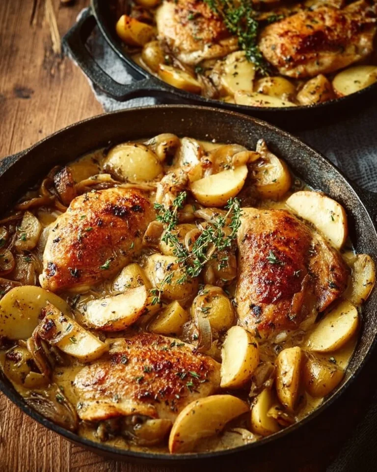 Delicious Chicken Normandy served with creamy mushroom sauce and fresh herbs.