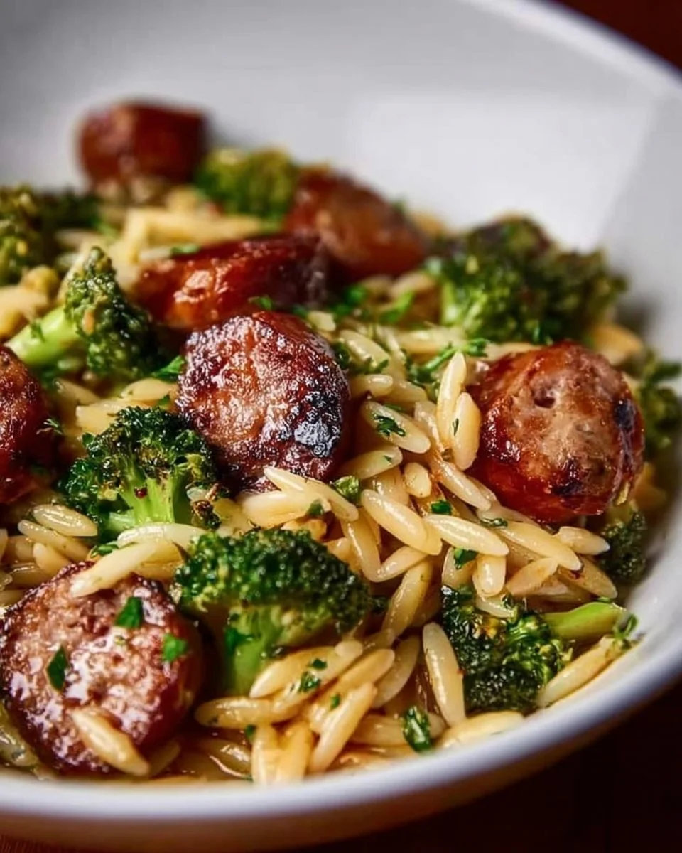 Chicken Sausage and Broccoli Orzo dish served in a bowl with fresh ingredients.