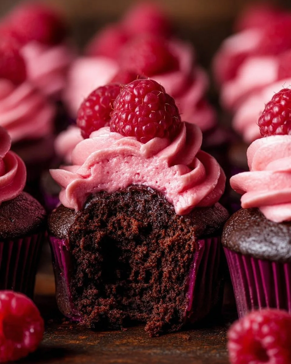 Delicious chocolate raspberry cupcakes topped with fresh raspberries and chocolate frosting.