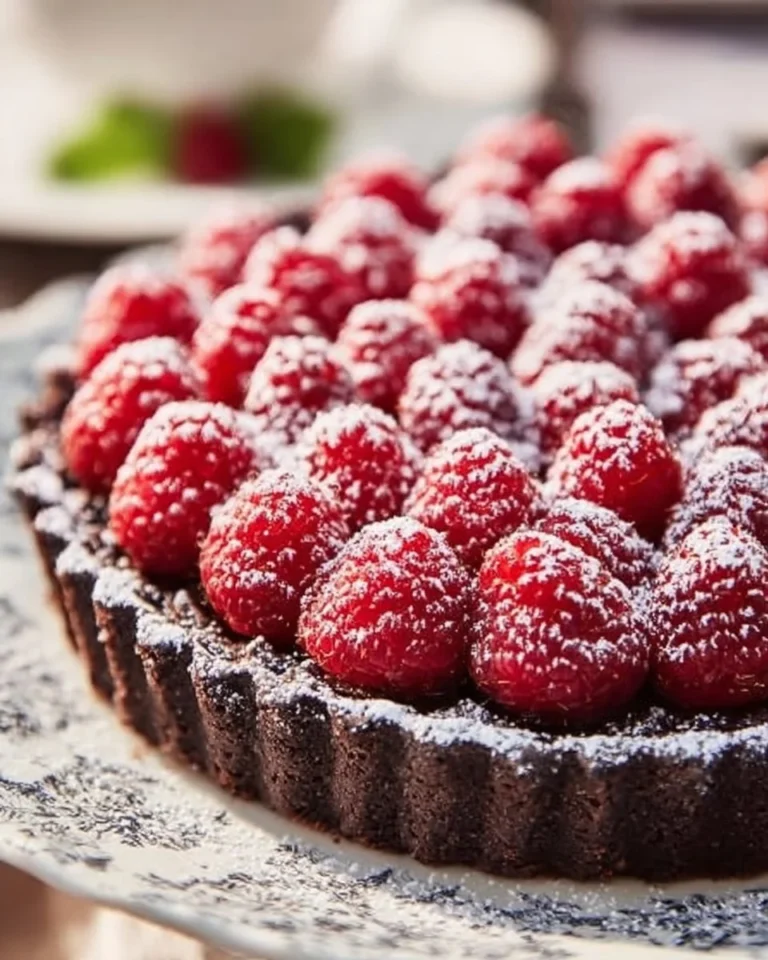 Chocolate Raspberry Tart garnished with fresh raspberries and drizzled chocolate