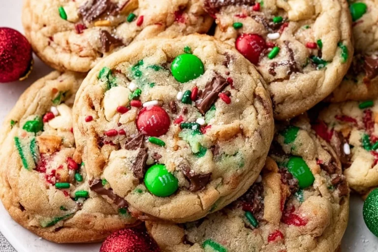 A colorful assortment of Christmas Kitchen Sink Cookies with festive ingredients.