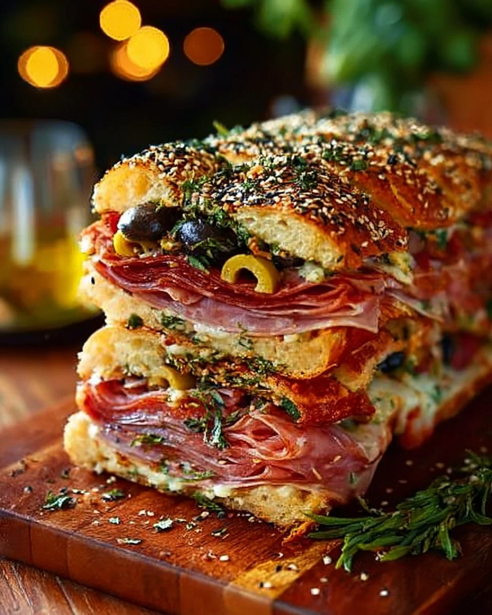 Classic Italian Muffuletta Sandwich with meats, cheeses, and olive salad