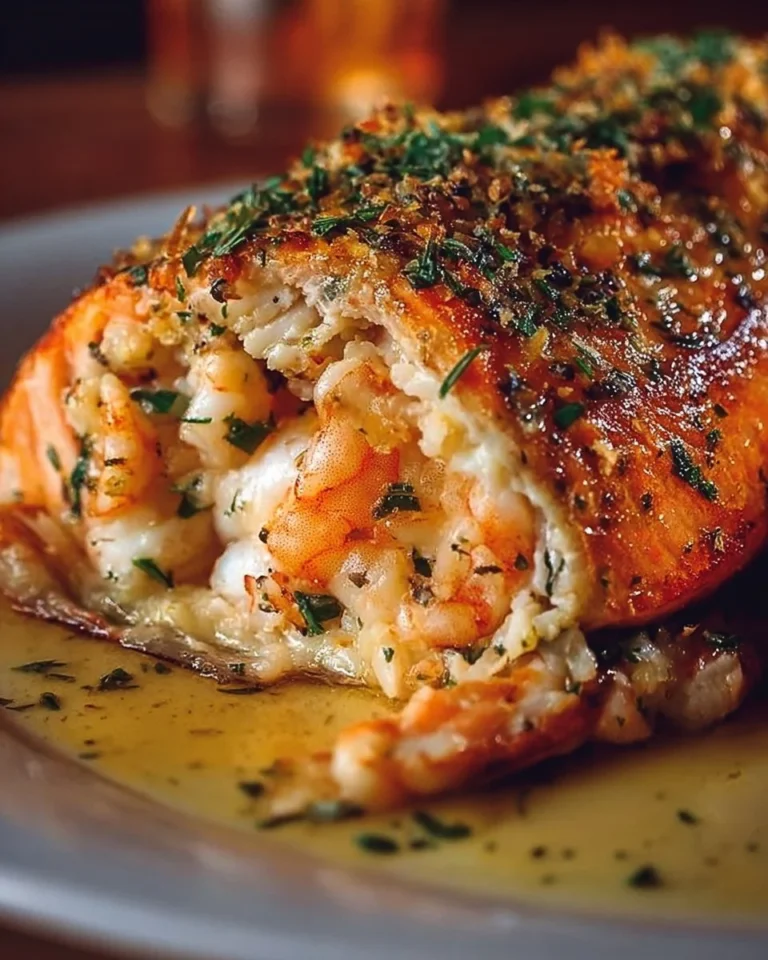 Delicious crab and shrimp stuffed salmon plated with garnishes