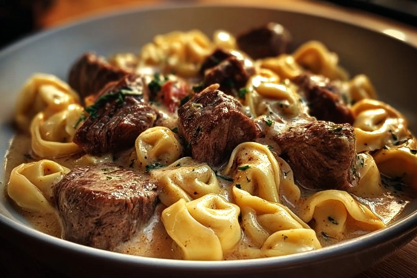 Delicious cracked garlic steak tortellini in creamhouse sauce