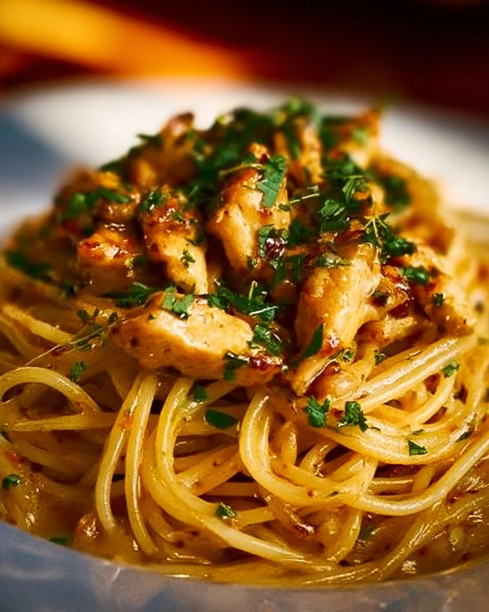 Creamy chicken spaghetti bake topped with cheese and herbs