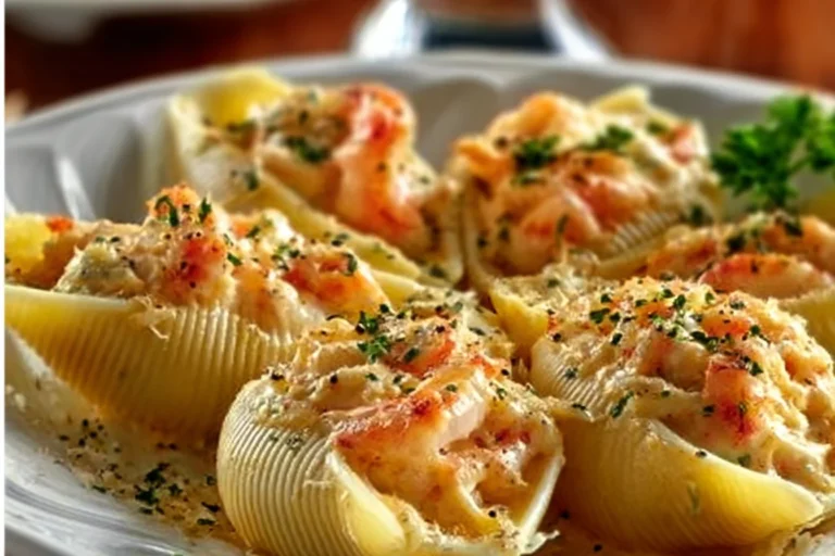 Creamy seafood stuffed shells filled with a savory mixture of seafood and cheese