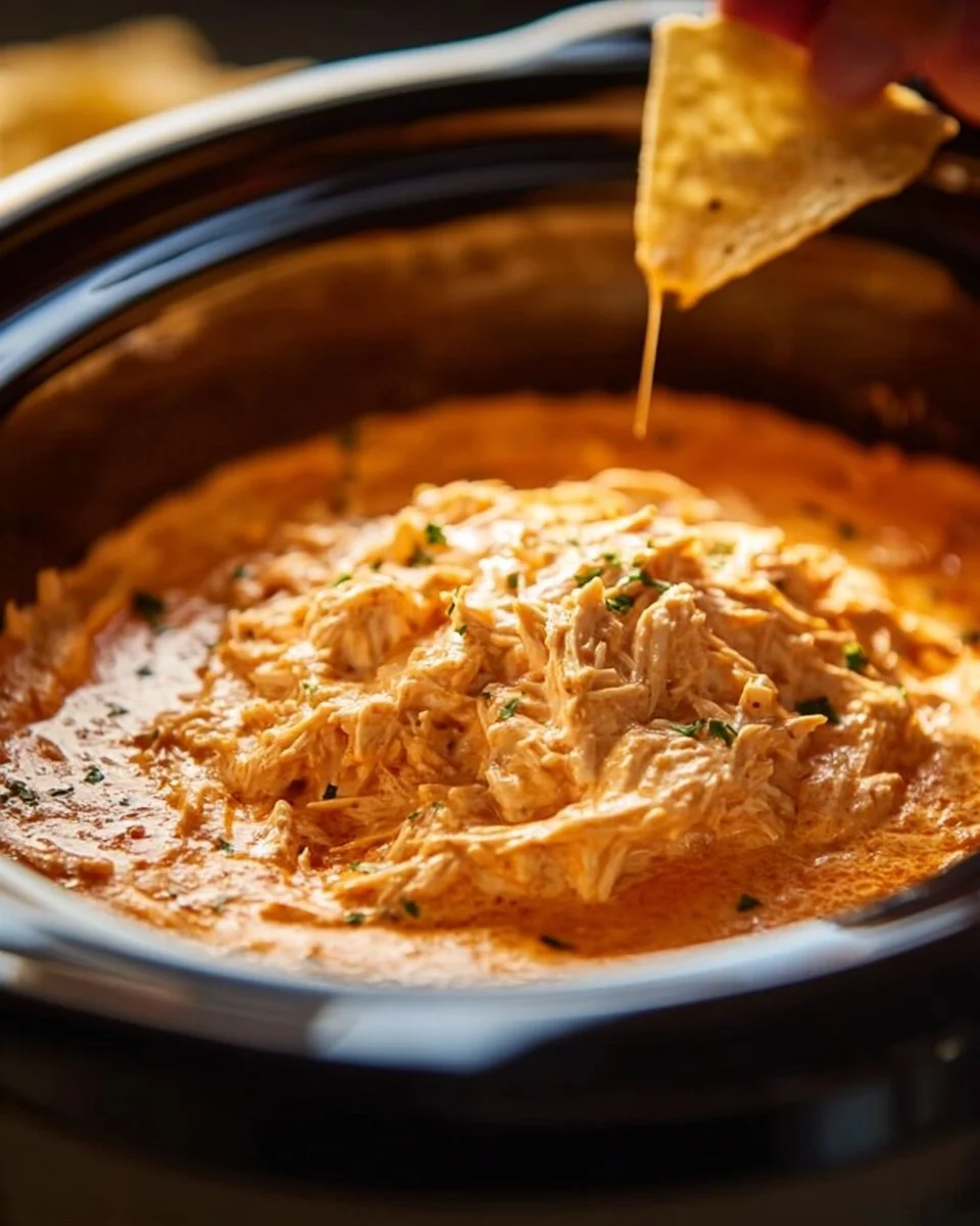 Crockpot Creamy Buffalo Chicken Dip with toppings ready to serve
