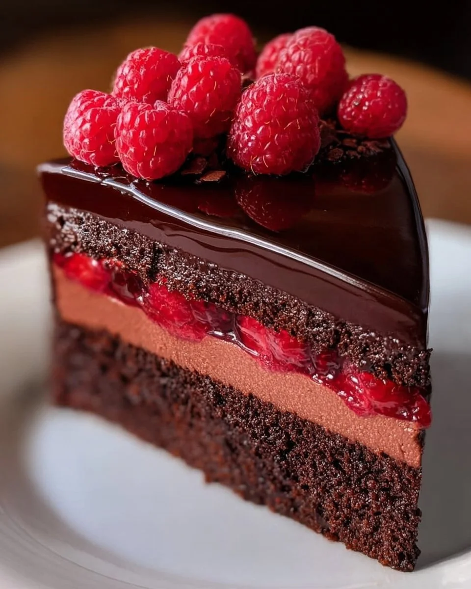 Dark chocolate raspberry mousse cake with fresh raspberries and chocolate drizzle