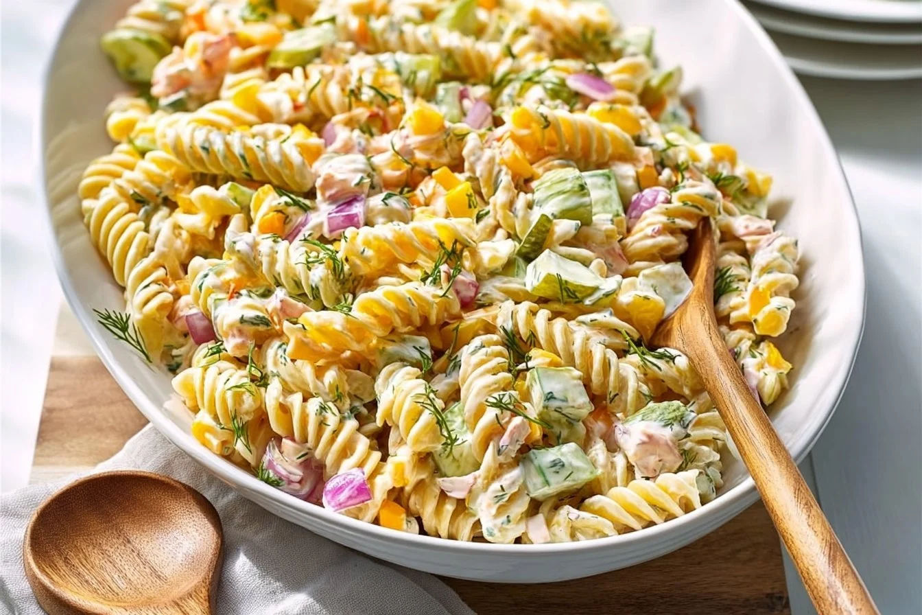 Delicious Dill Pickle Pasta Salad served in a bowl
