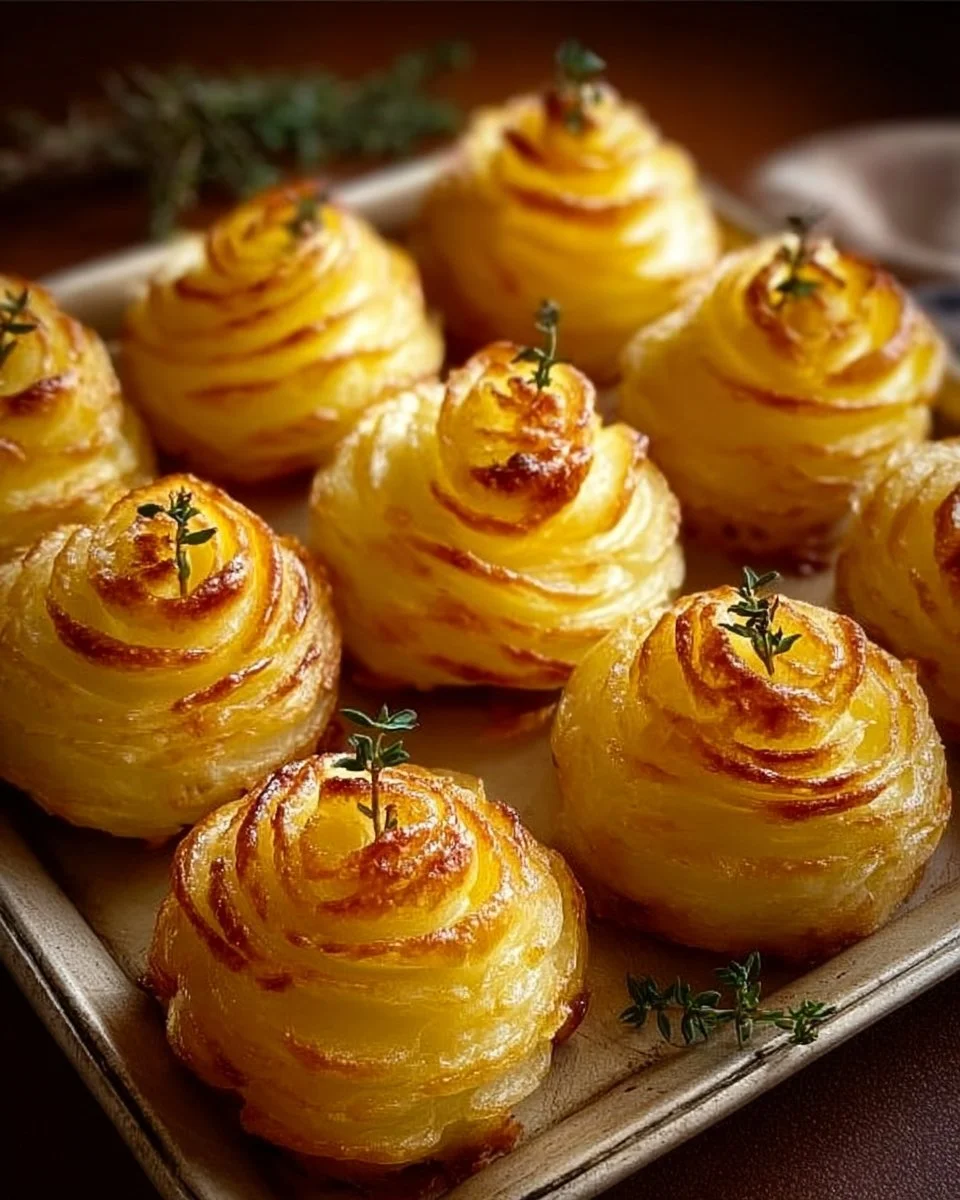 Deliciously piped Duchess Potatoes with golden crust.
