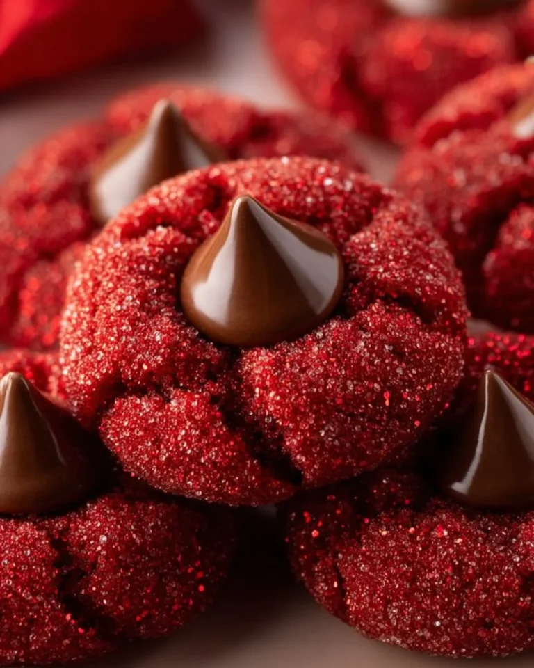 Plate of delicious Hershey's Red Velvet Blossoms Cookies with chocolate centers