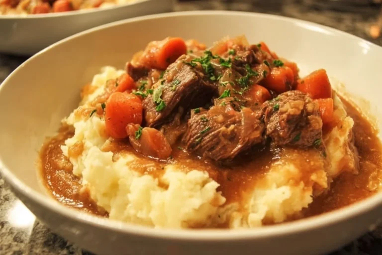 Delicious Fall Apple Cider Stew Mash served in a bowl with fresh herbs