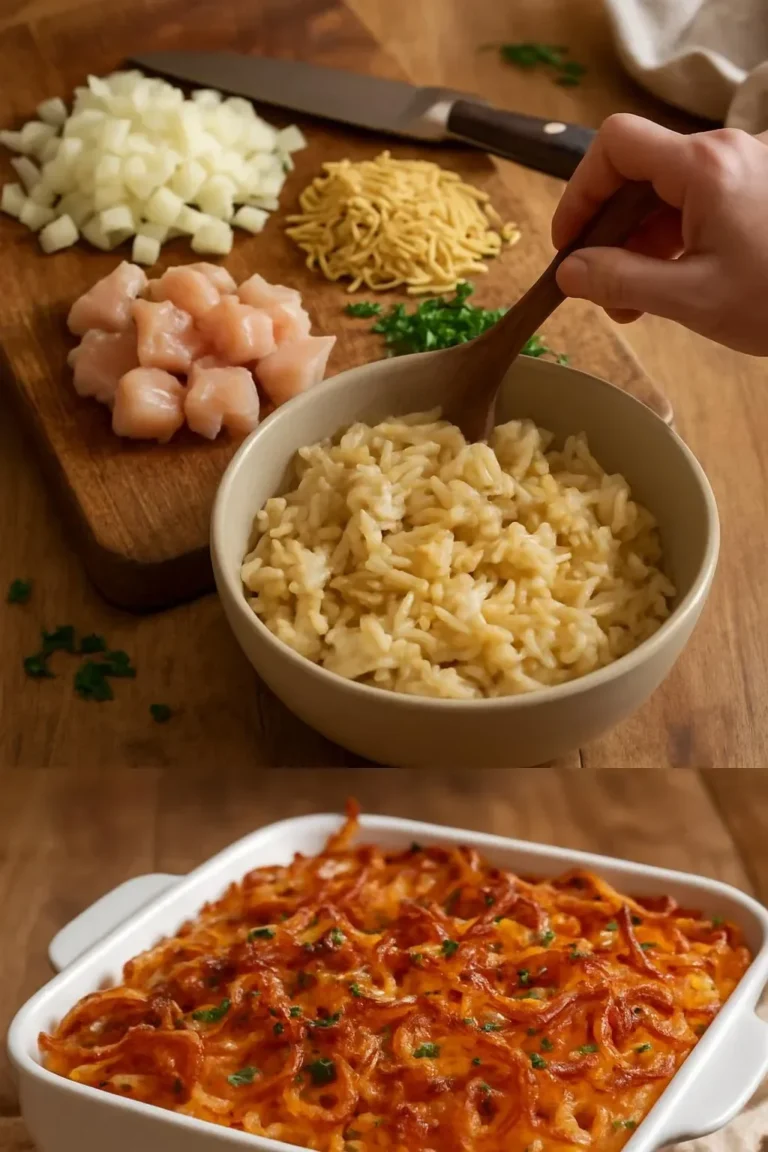 French Onion Chicken Orzo Casserole served in a baking dish