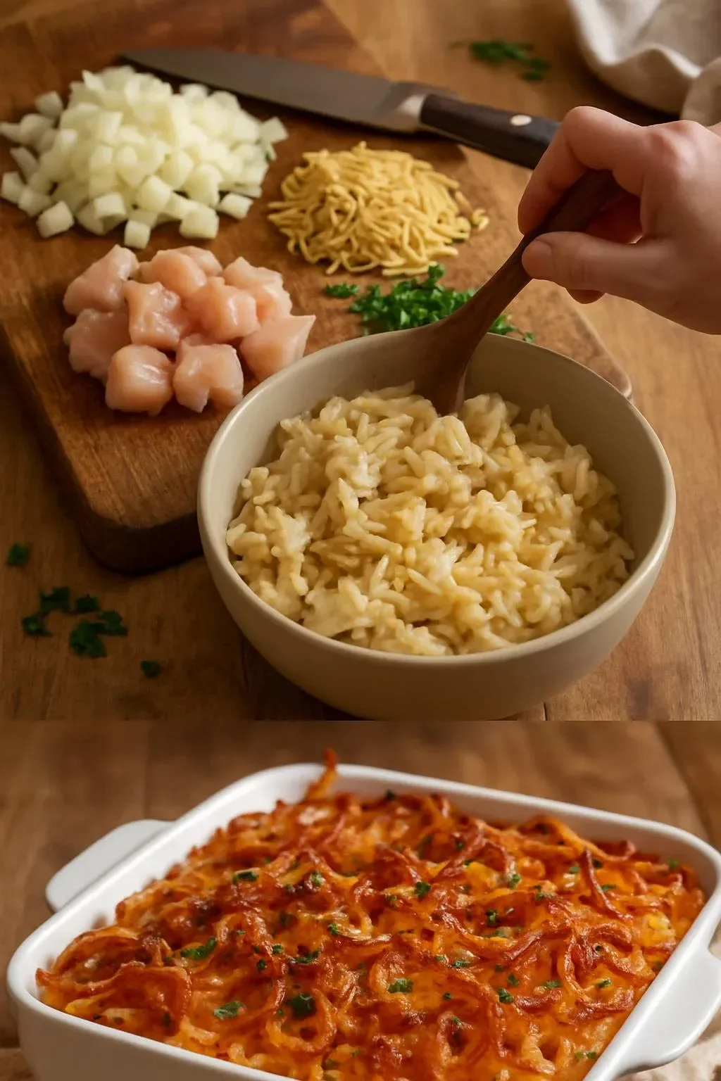 French Onion Chicken Orzo Casserole served in a baking dish