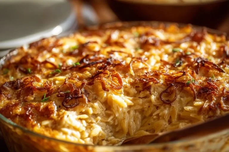 French Onion Chicken Orzo Casserole topped with melted cheese and herbs.