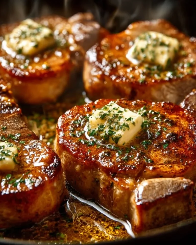 Garlic butter pan-seared pork chops served on a plate with herbs