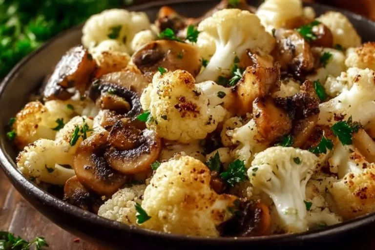 Garlic Cauliflower Mushroom Skillet cooked in a pan with fresh ingredients