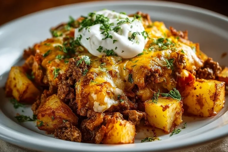 Delicious ground beef and potatoes casserole baked to perfection.