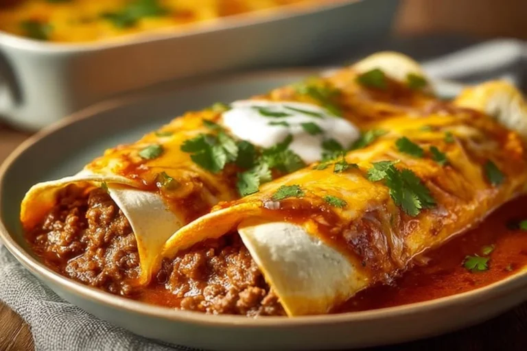 Delicious ground beef enchiladas topped with cheese served on a plate