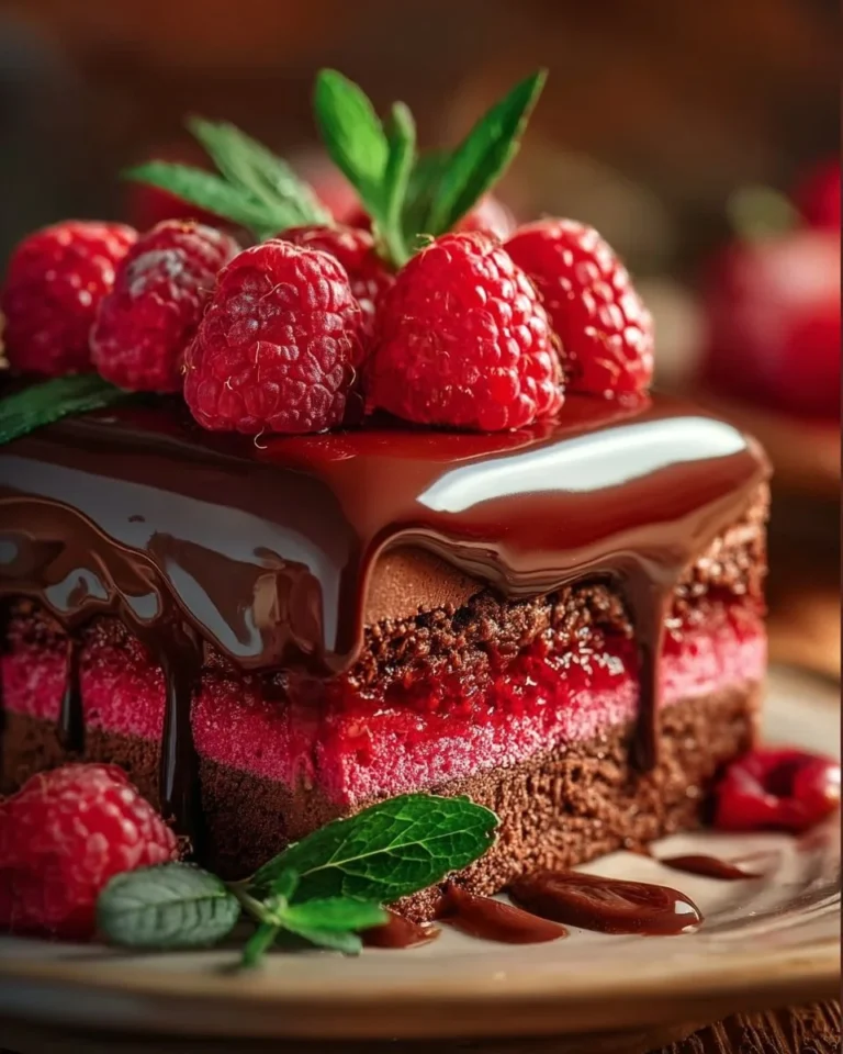 Heavenly Raspberry Chocolate Mousse Cake topped with fresh raspberries and chocolate shavings