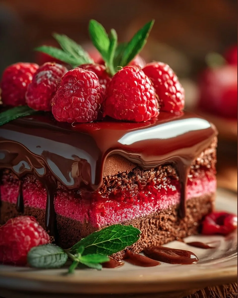 Heavenly Raspberry Chocolate Mousse Cake topped with fresh raspberries and chocolate shavings