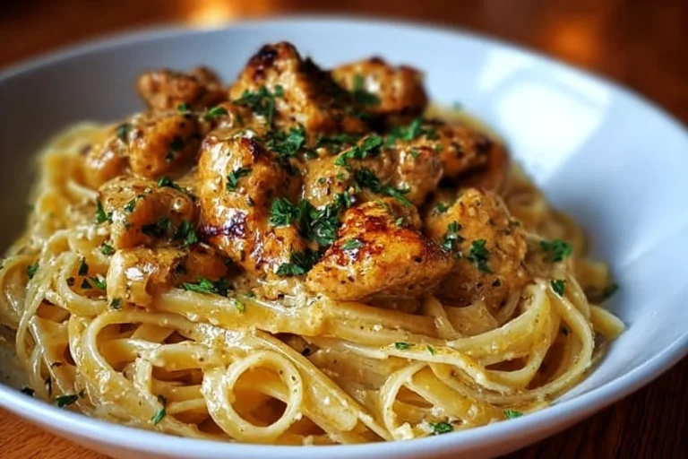 Delicious Cowboy Butter Chicken Linguine served in a bowl with herbs and spices