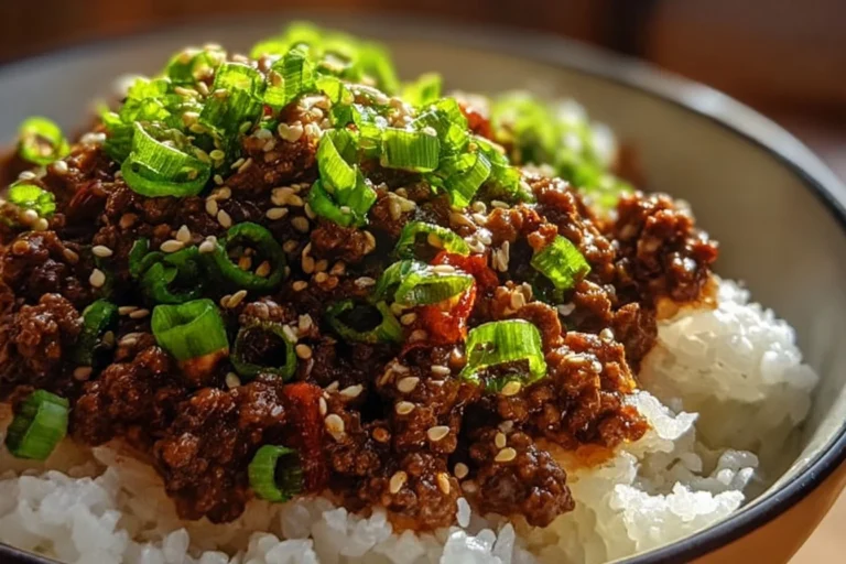 Delicious Korean Ground Beef Bowl served in a bowl with vegetables and rice.